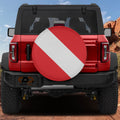 SCUBA diver down flag red and white striped spare tire cover on red Ford Bronco SUV