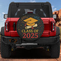 Class of 2025 spare tire cover on red Ford Bronco with yellow grad cap diploma fireworks