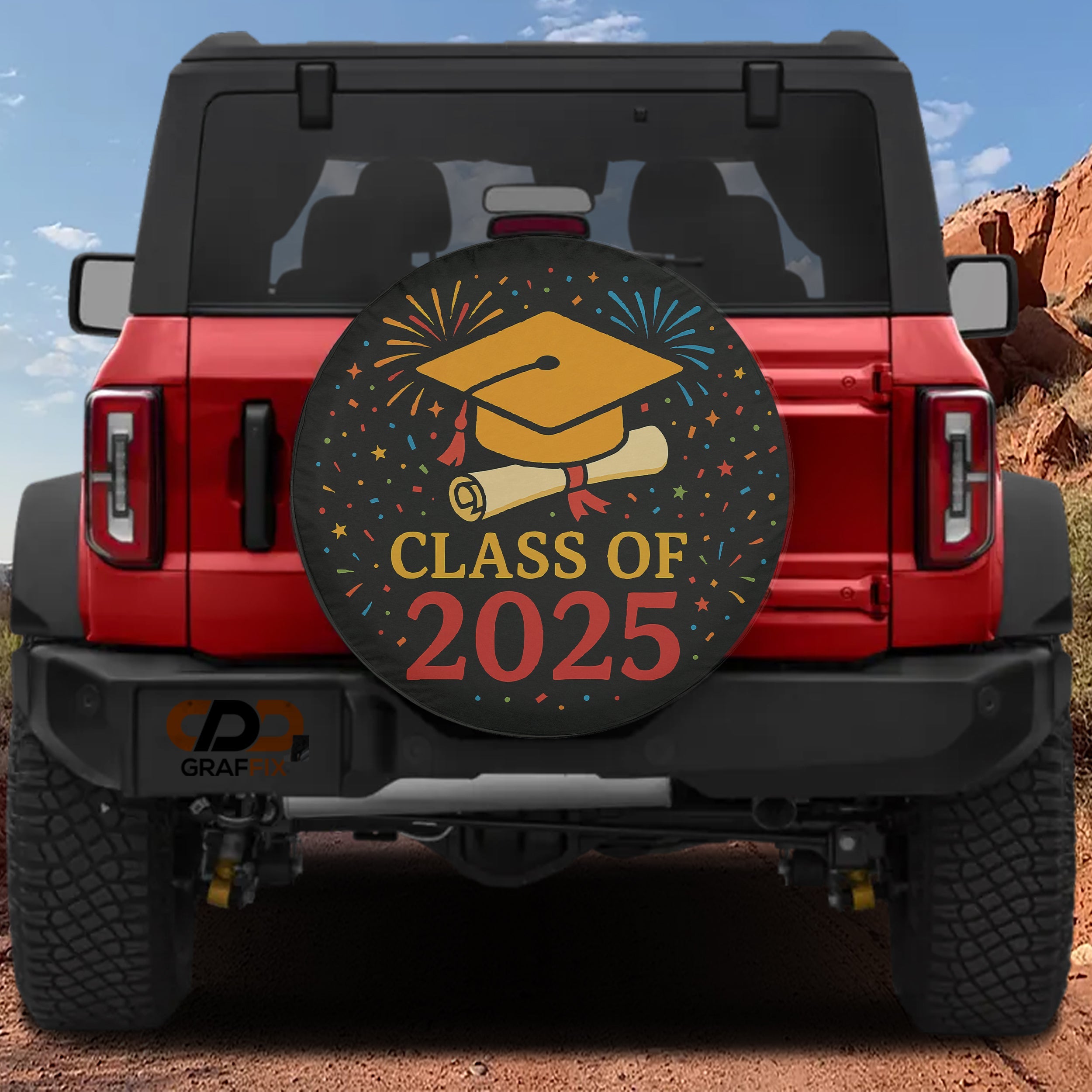 Class of 2025 spare tire cover on red Ford Bronco with yellow grad cap diploma fireworks