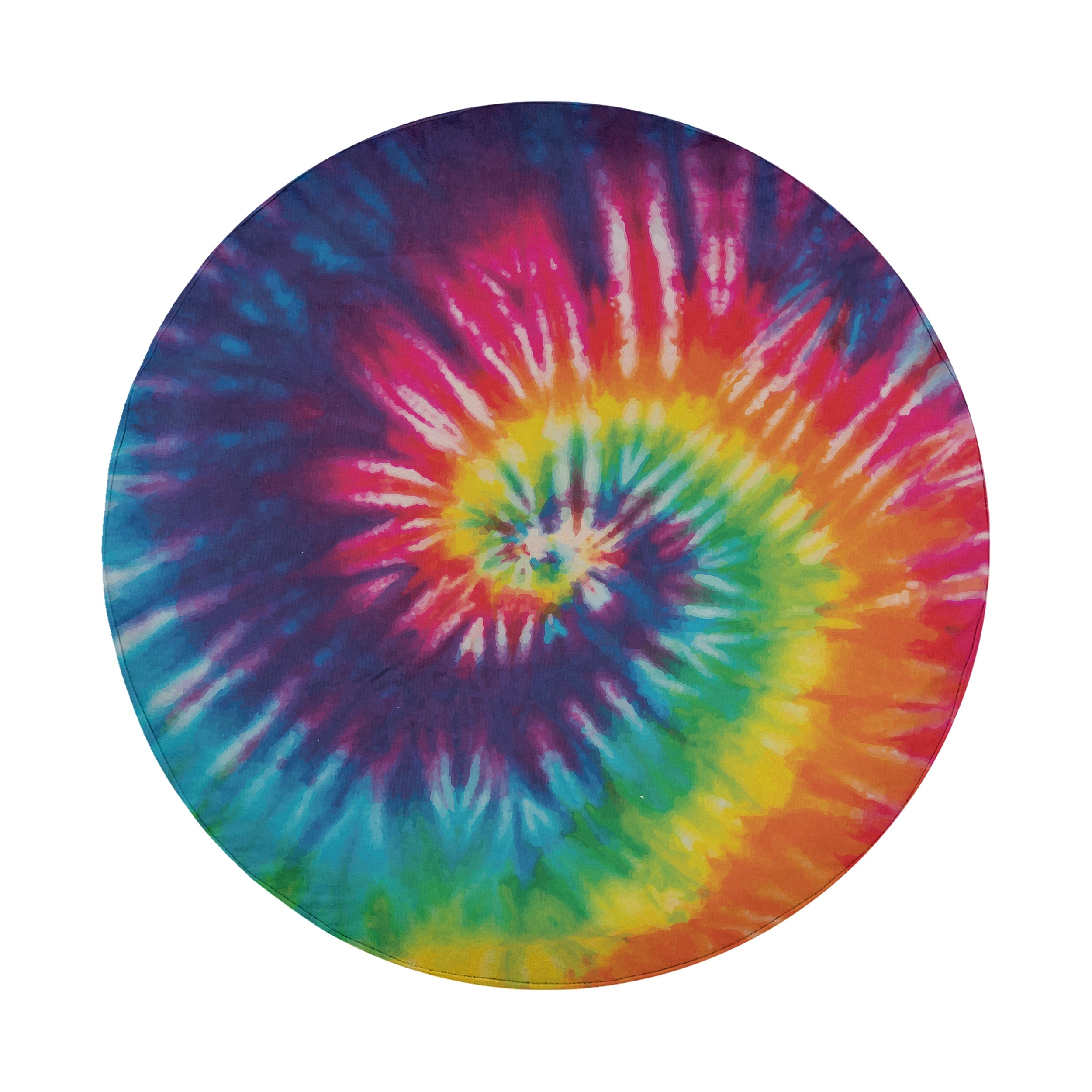 Rainbow tie-dye spiral tire cover mounted on red Ford Bronco rear gate with red rock canyon backdrop