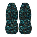 a pair of blue and gold patterned objects, which appear to be a pair of slippers or sandals.