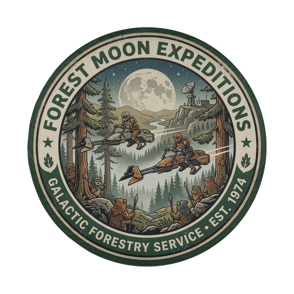 a circular emblem with a forest scene and two people riding on a vehicle, surrounded by trees and mountains.