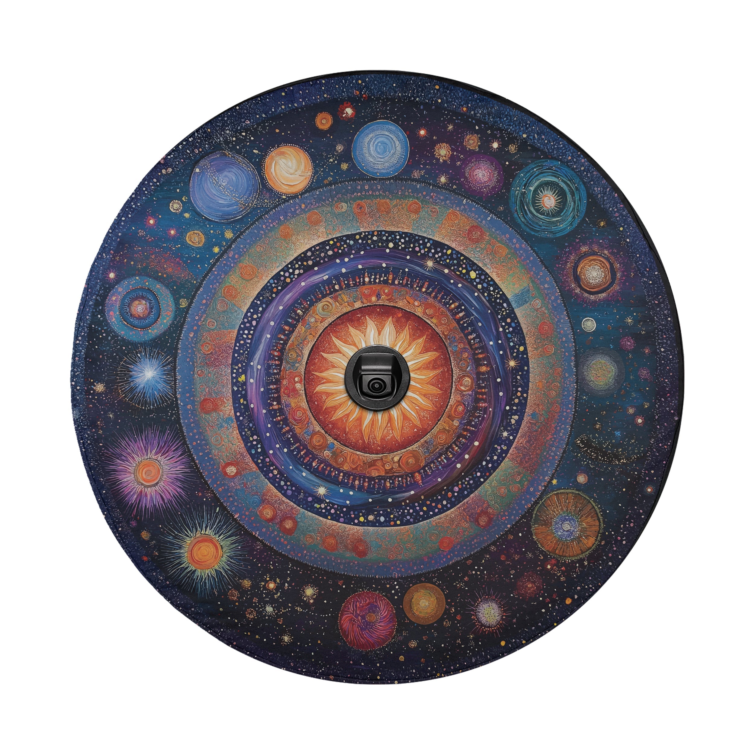 Detailed Galaxy Mandala tire cover with deep blue and purple cosmic geometric circular art