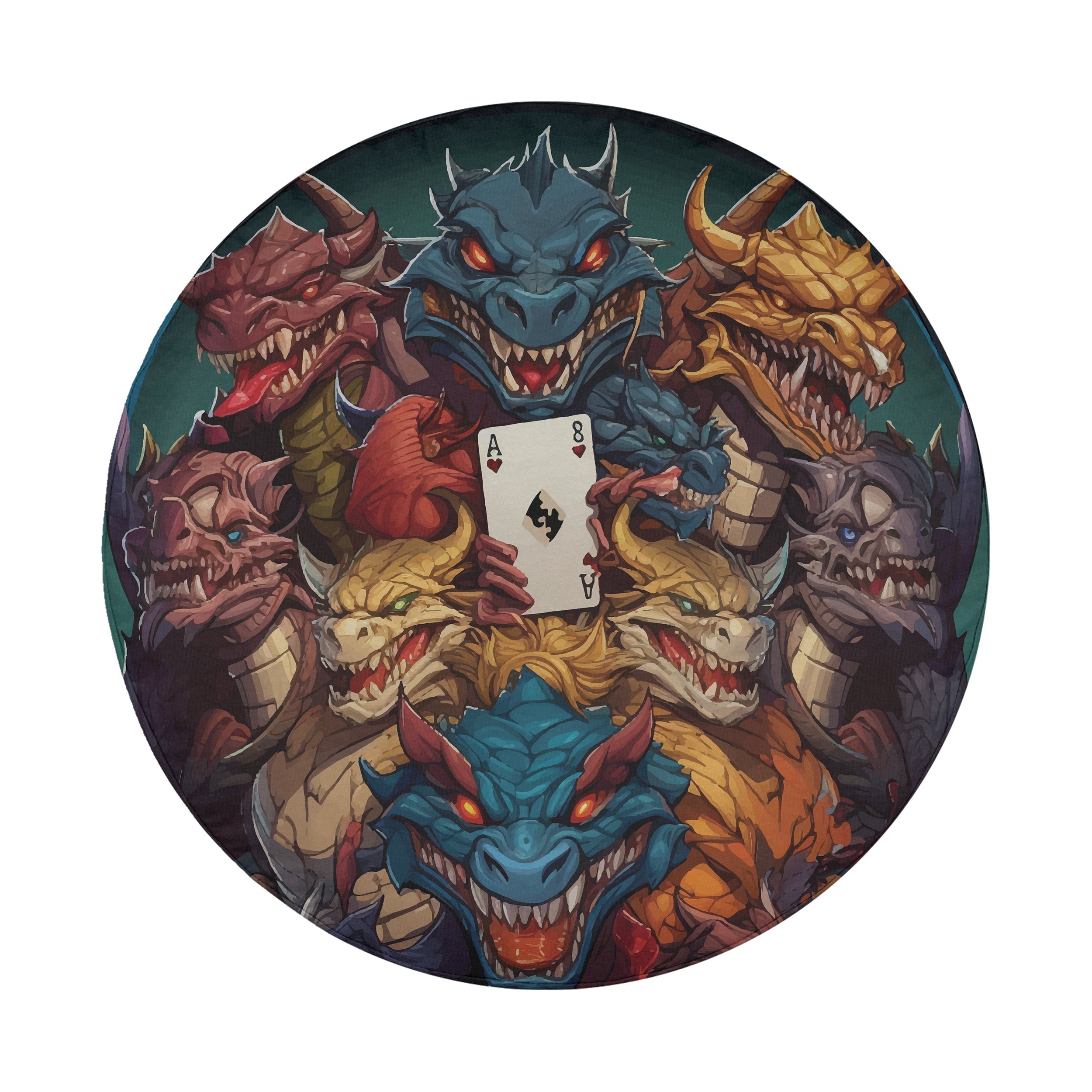 Flat round dragon ace mischief tire cover closeup with blue red yellow dragons gripping ace eight cards