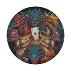 Dragon ace tire cover detail closeup on a flat round with dragon heads pressed around an ace of hearts card