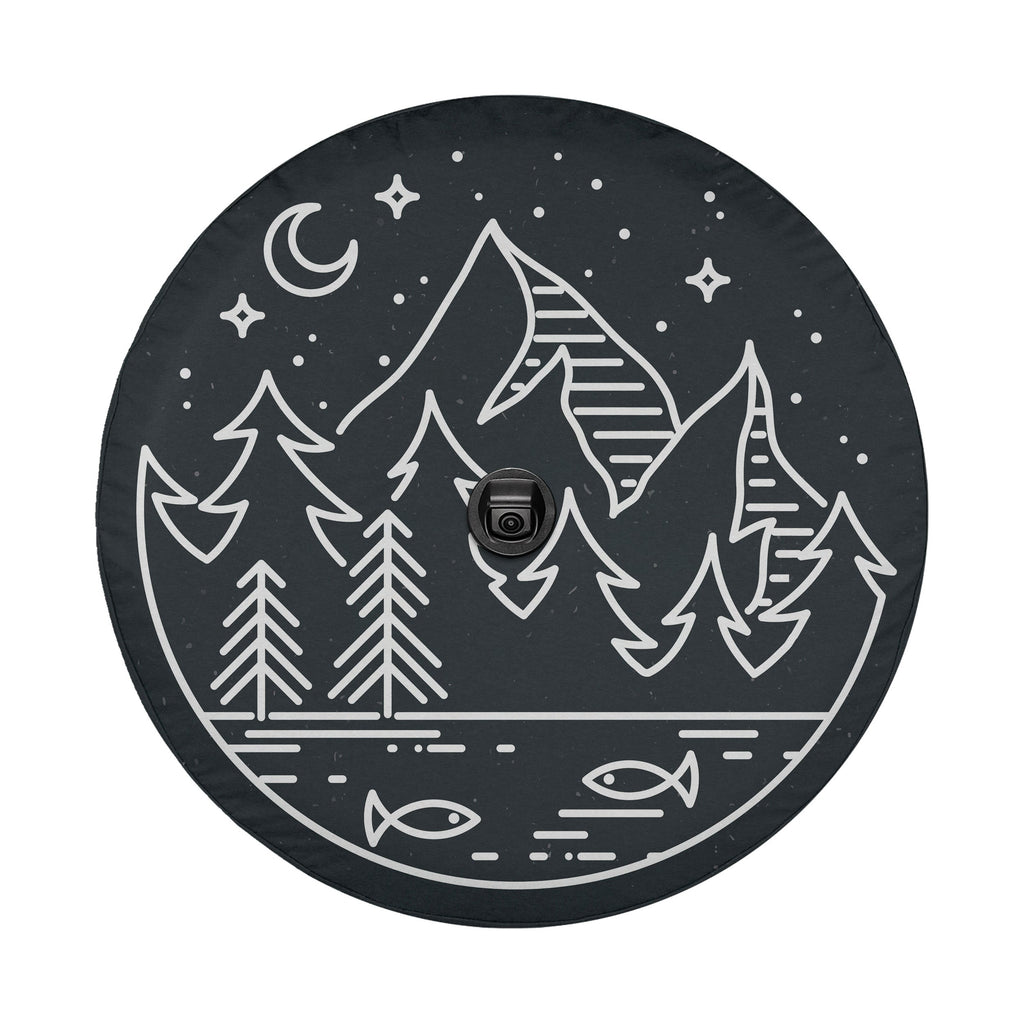 Midnight Pines spare tire cover view of hand-drawn mountains pines and lake fish design