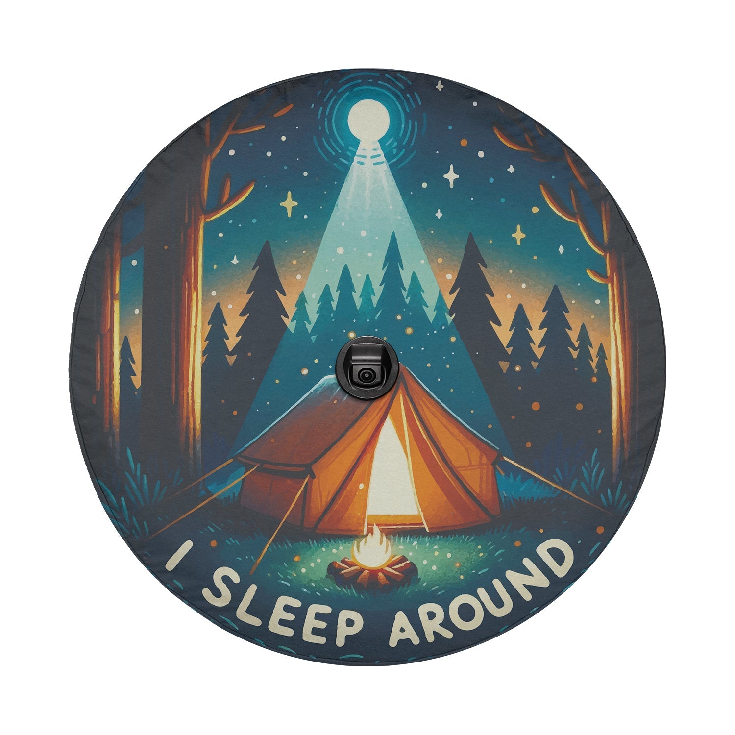 Flat round I sleep around camping tire cover closeup with orange tent glowing campfire and starry pines
