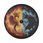 Phoenix vs Shadow Dragon spare tire cover detail with fire phoenix and lightning dragon and camera cutout