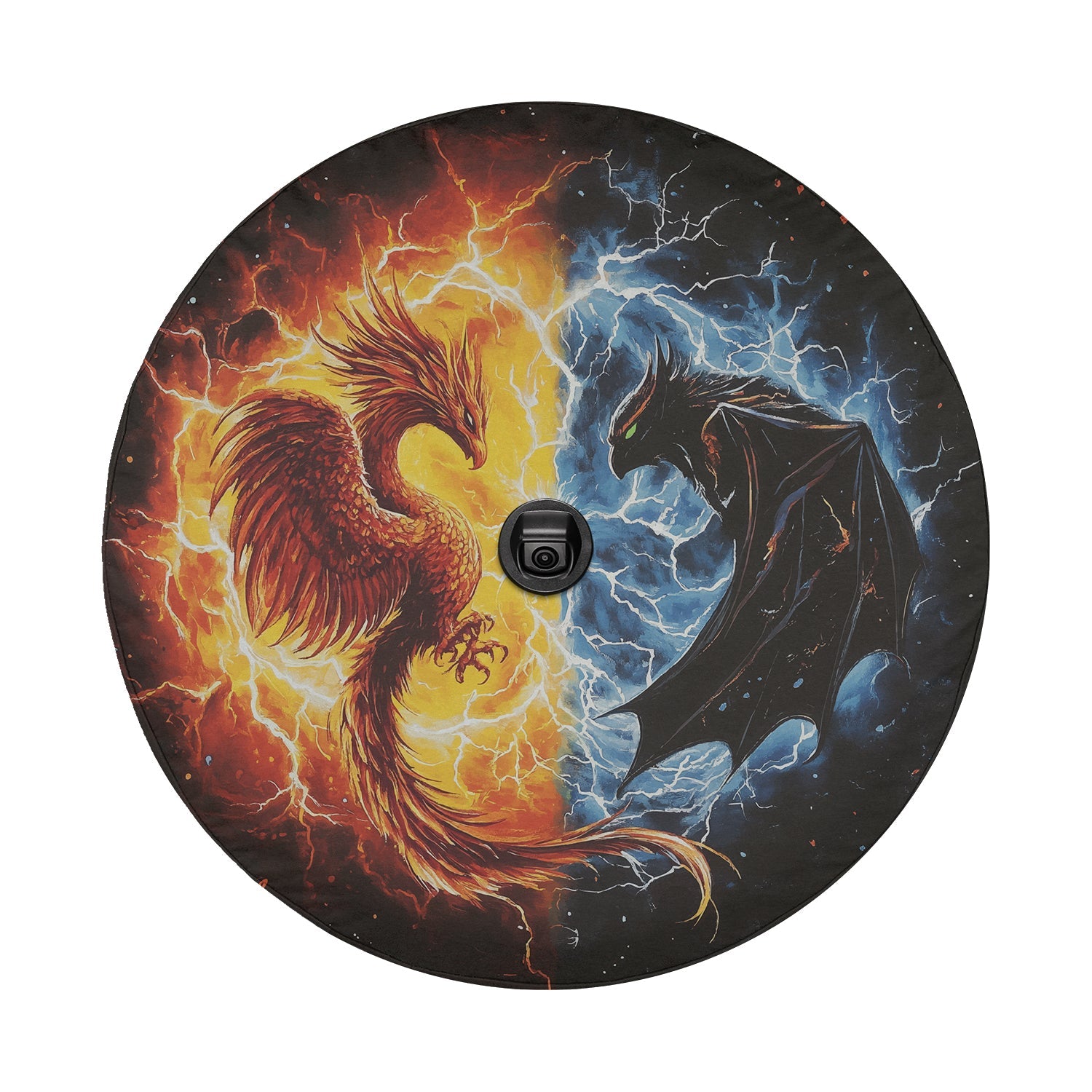 Phoenix vs Shadow Dragon spare tire cover detail with fire phoenix and lightning dragon and camera cutout