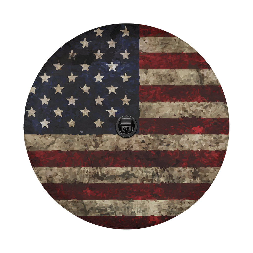 Rustic American Flag tire cover detail with distressed black border and weathered patriotic look