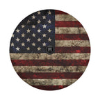Rustic American Flag tire cover detail with distressed black border and weathered patriotic look