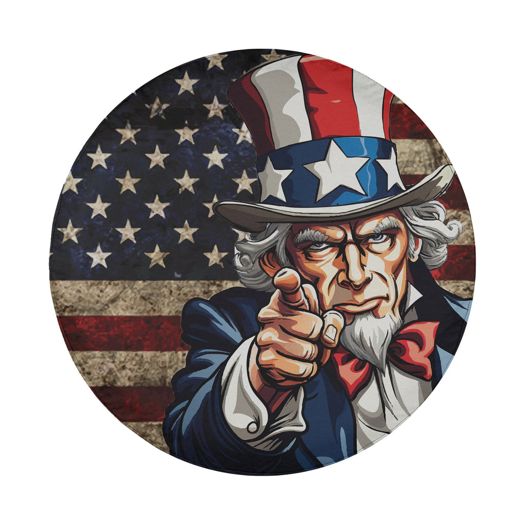 Uncle Sam's Call spare tire cover circular front view with bold Uncle Sam top hat and pointing finger artwork