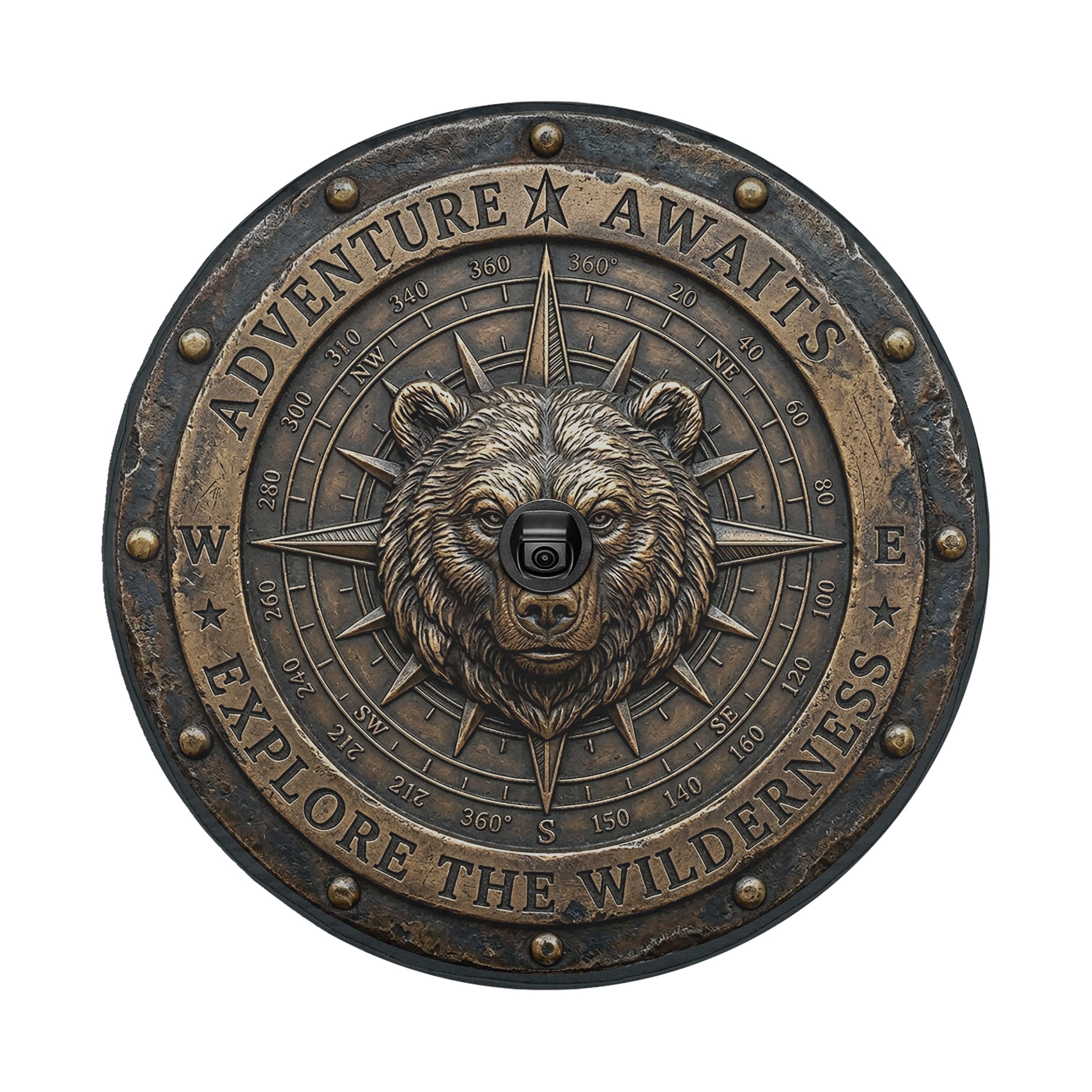 a metal compass with a bear's head at the center, surrounded by the words "Adventure Awaits" and "Exploration the Wilderness".