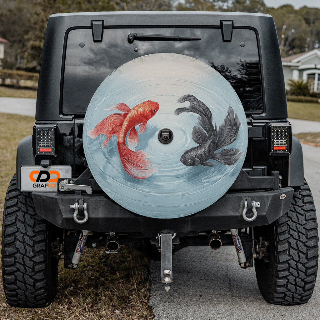 Yin-Yang Koi Fish Harmony design printed spare tire cover with optional backup camera hole by Graffix