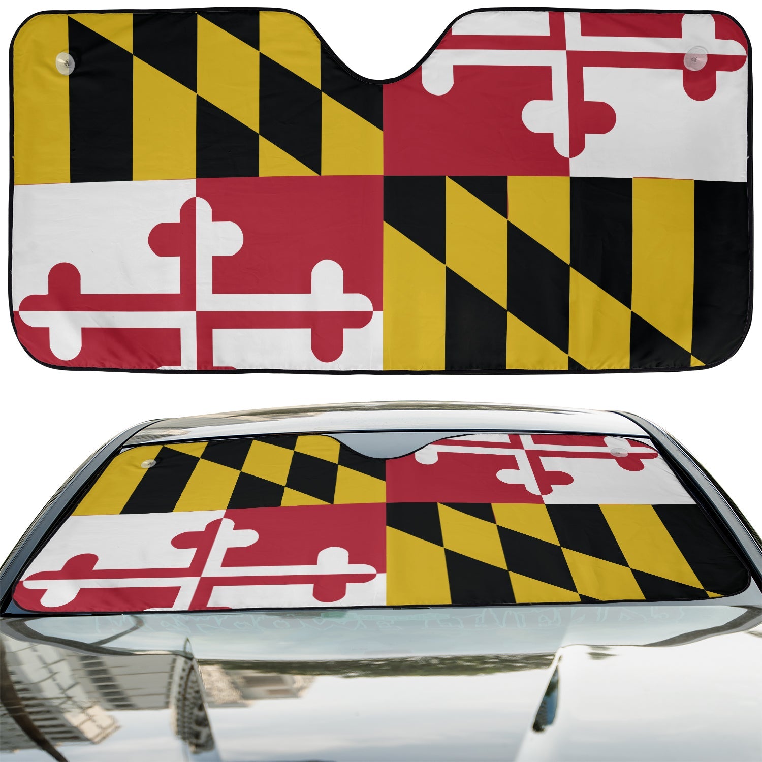 Maryland State Flag accordion sunshade installed in a sedan windshield on a sunny urban city street view