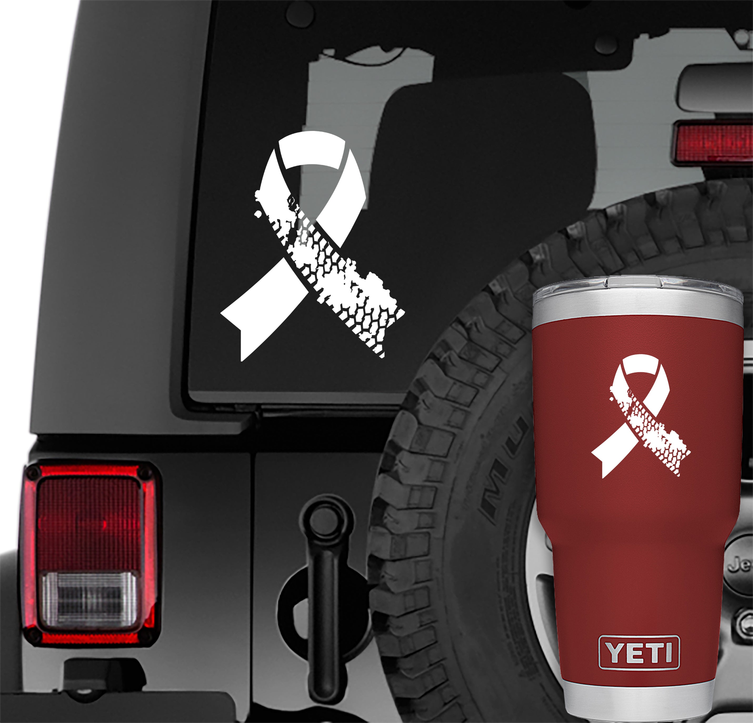 White Jeep Muddy Tire Track Support Ribbon Vinyl Decal