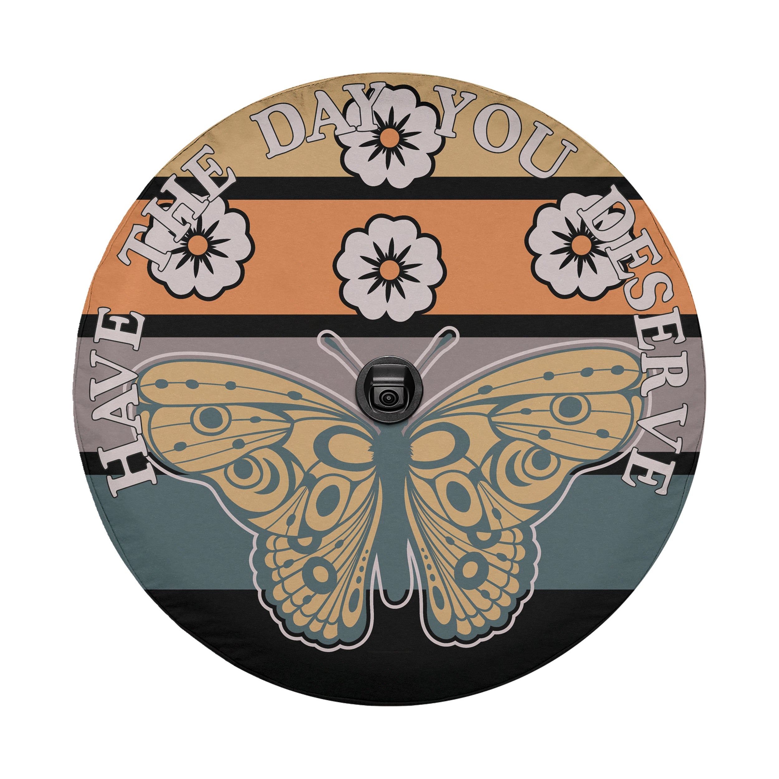 Monarch Have the Day You Deserve spare tire cover on red Jeep showing monarch butterfly skeleton art