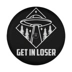 Get In Loser spare tire cover mounted on a red Bronco rear with bold pink slogan text and playful design