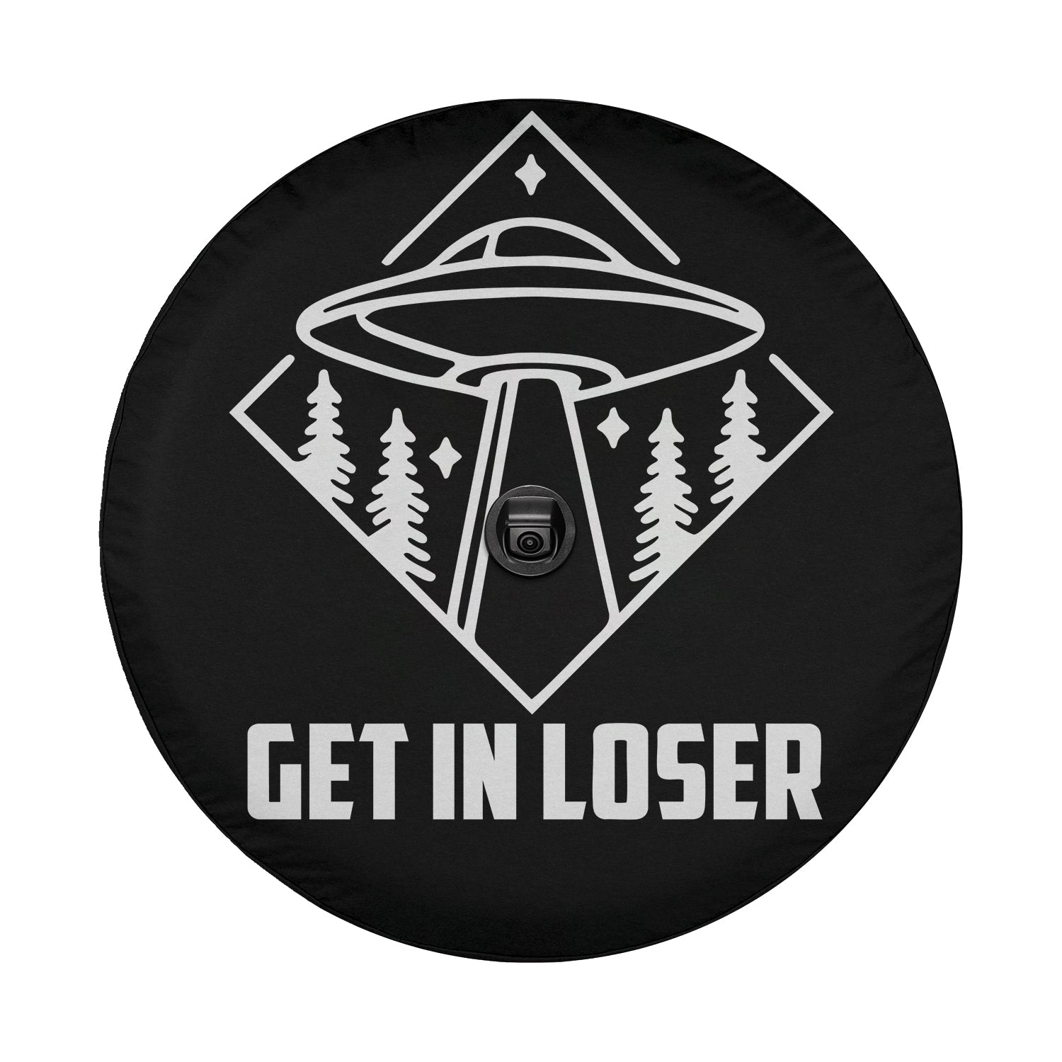 Get In Loser spare tire cover mounted on a red Bronco rear with bold pink slogan text and playful design