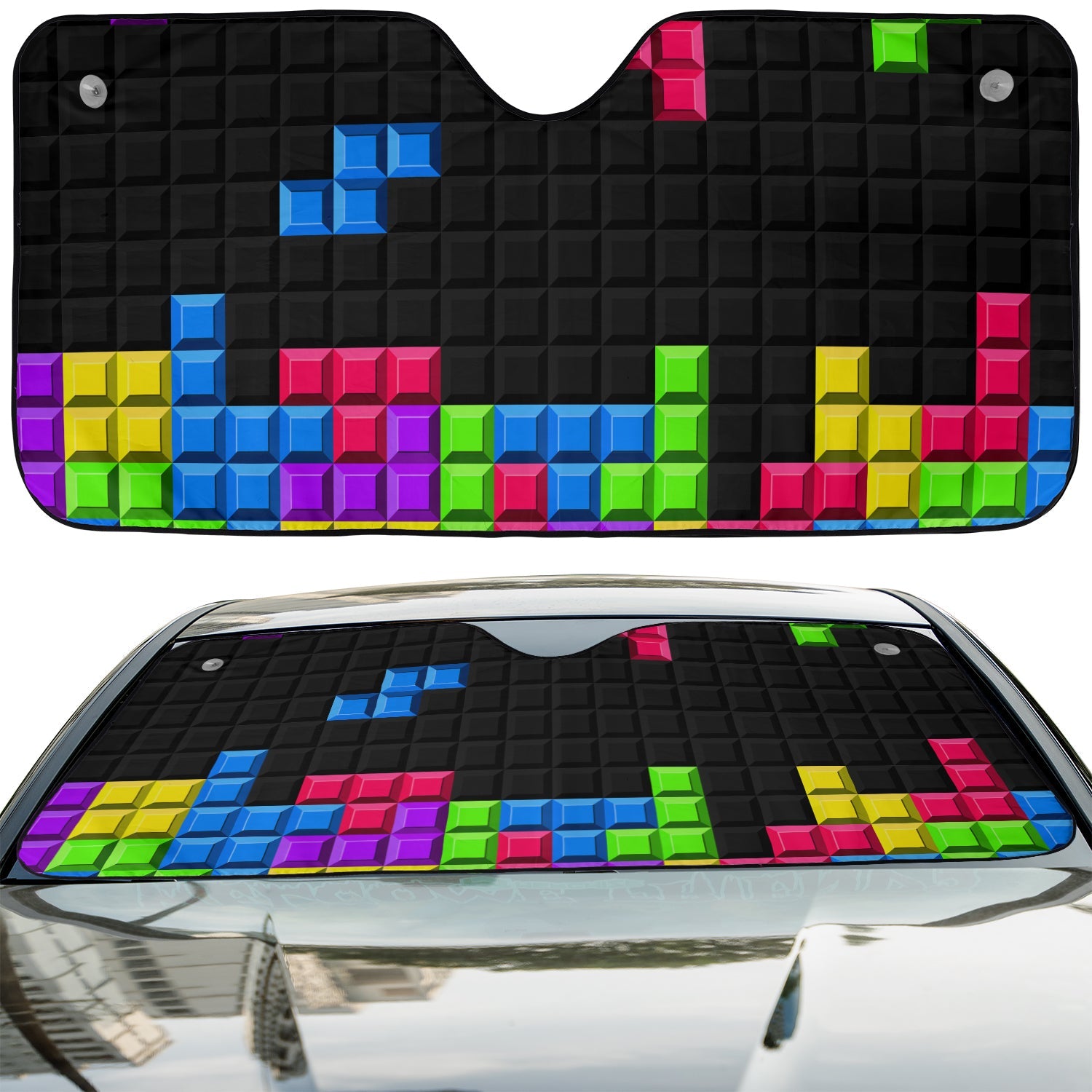 Pixel Block Puzzle accordion sunshade installed in a sedan windshield on a sunny city street scene