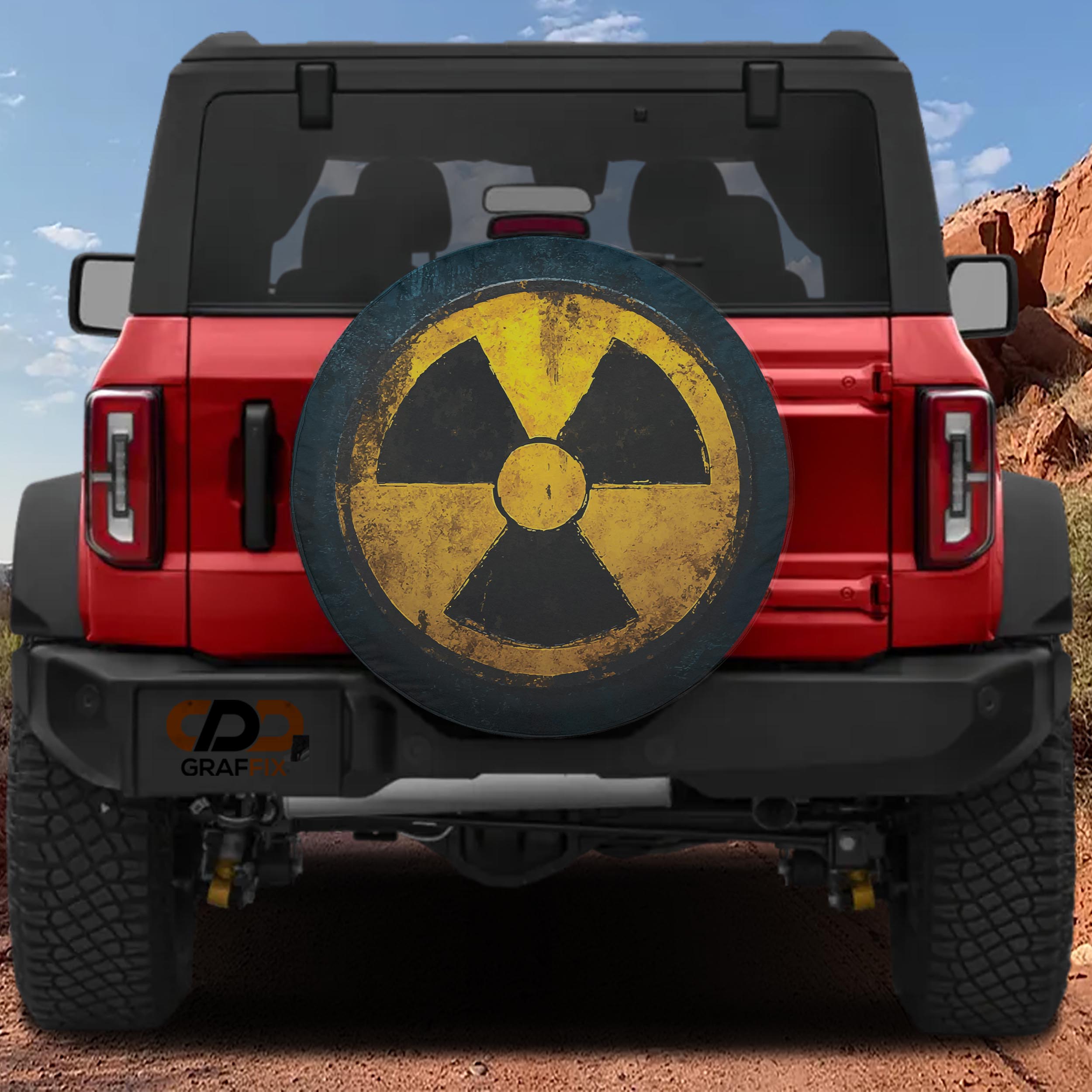 Flat fallout shelter radiation symbol spare tire cover artwork in distressed yellow and black grunge style