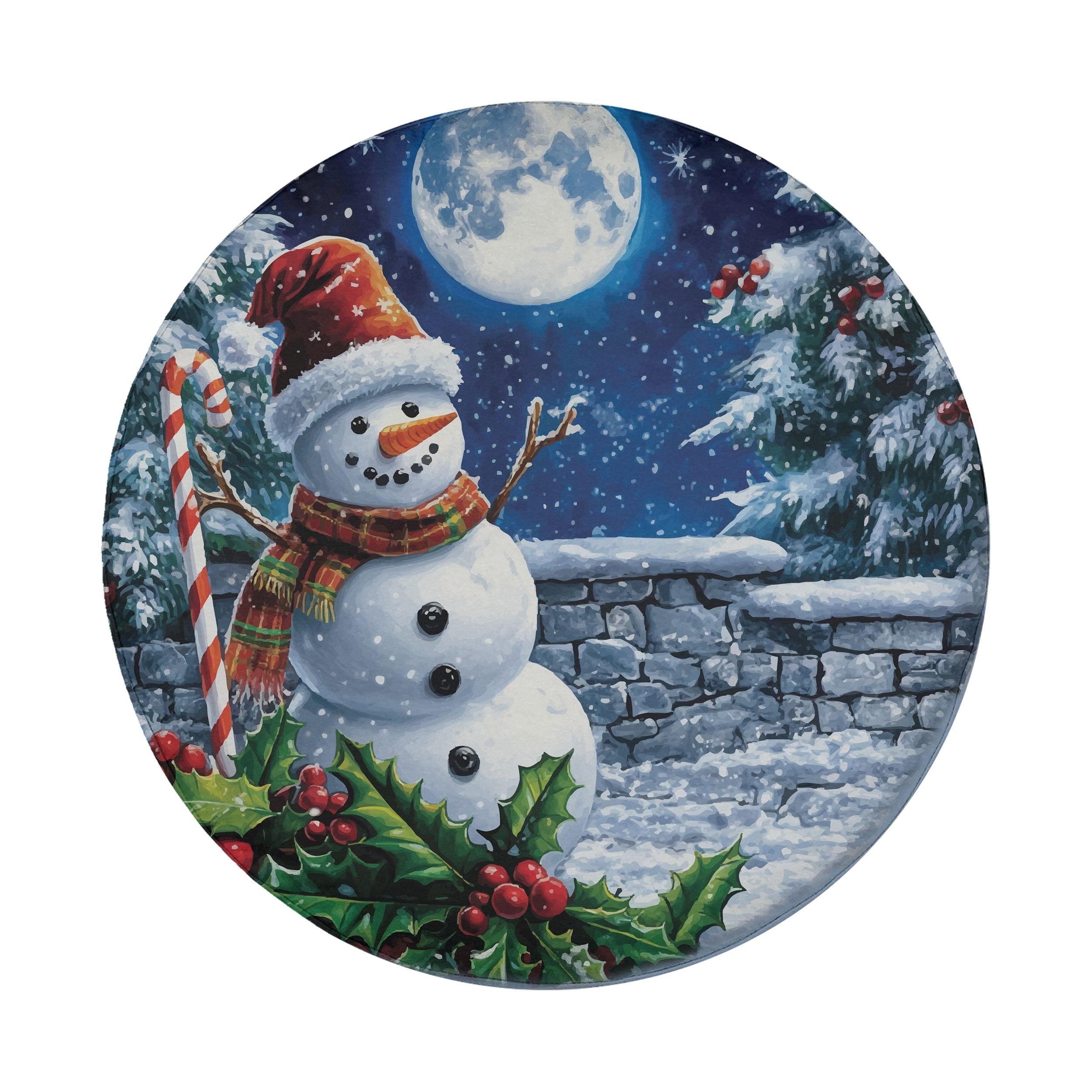 Frosty Midnight Cheer spare tire cover round detail snowman holly stone wall pines under full moon