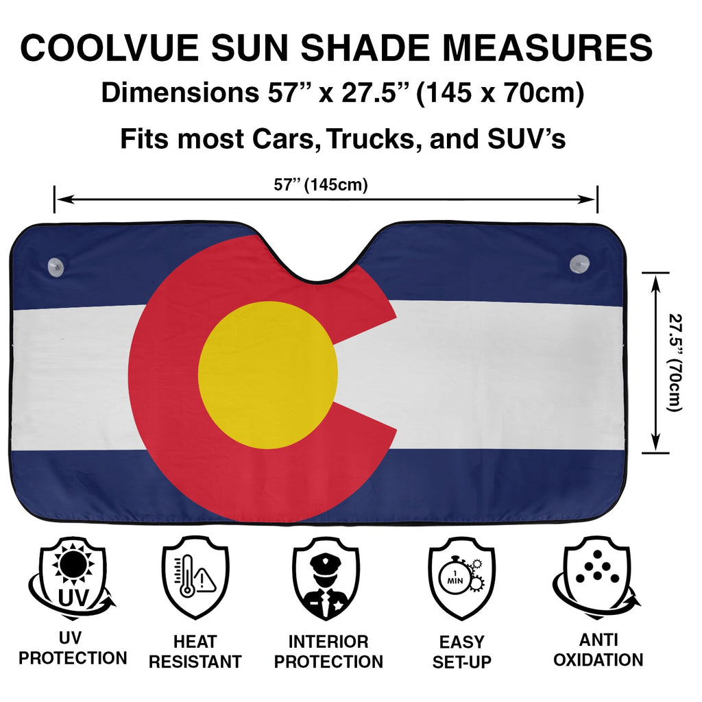 Colorado flag accordion sunshade infographic showing 57 by 27.5 inch dimensions, UV and heat protection icons