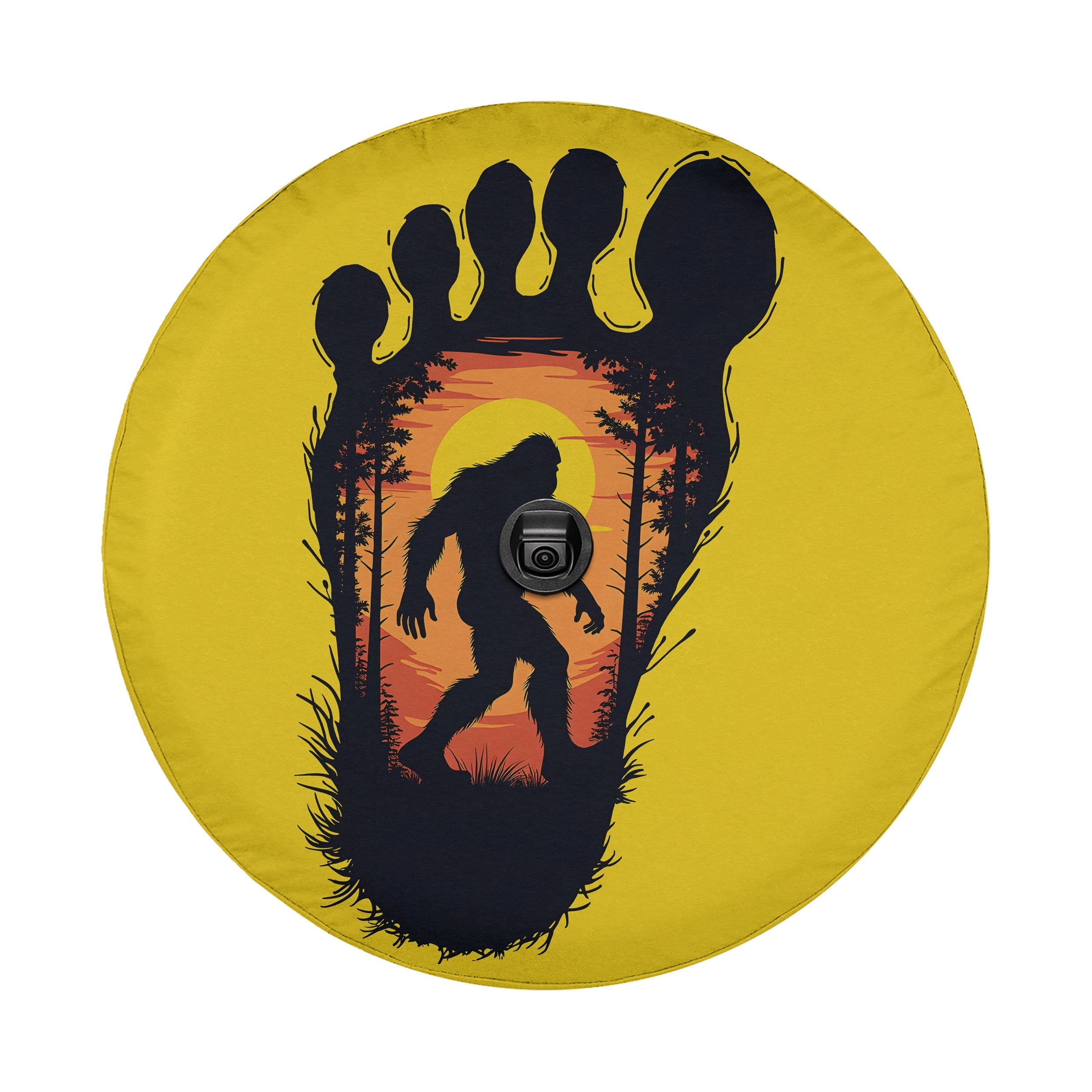 Squatch Track spare tire cover rear angle showing iconic Sasquatch track silhouette print design