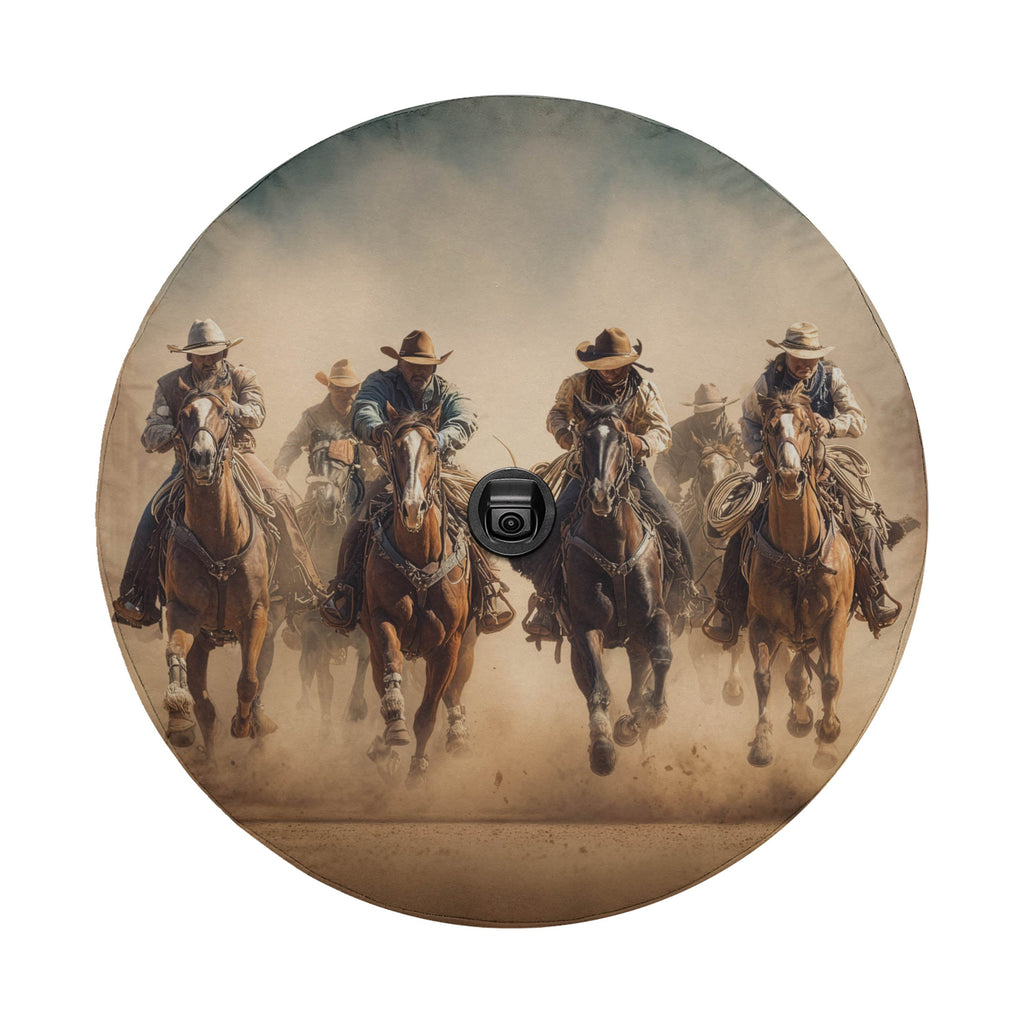 A group of cowboys riding horses, kicking up dust as they gallop across a dusty landscape.