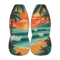 a serene tropical beach scene with palm trees, a vibrant sunset, and crashing waves.