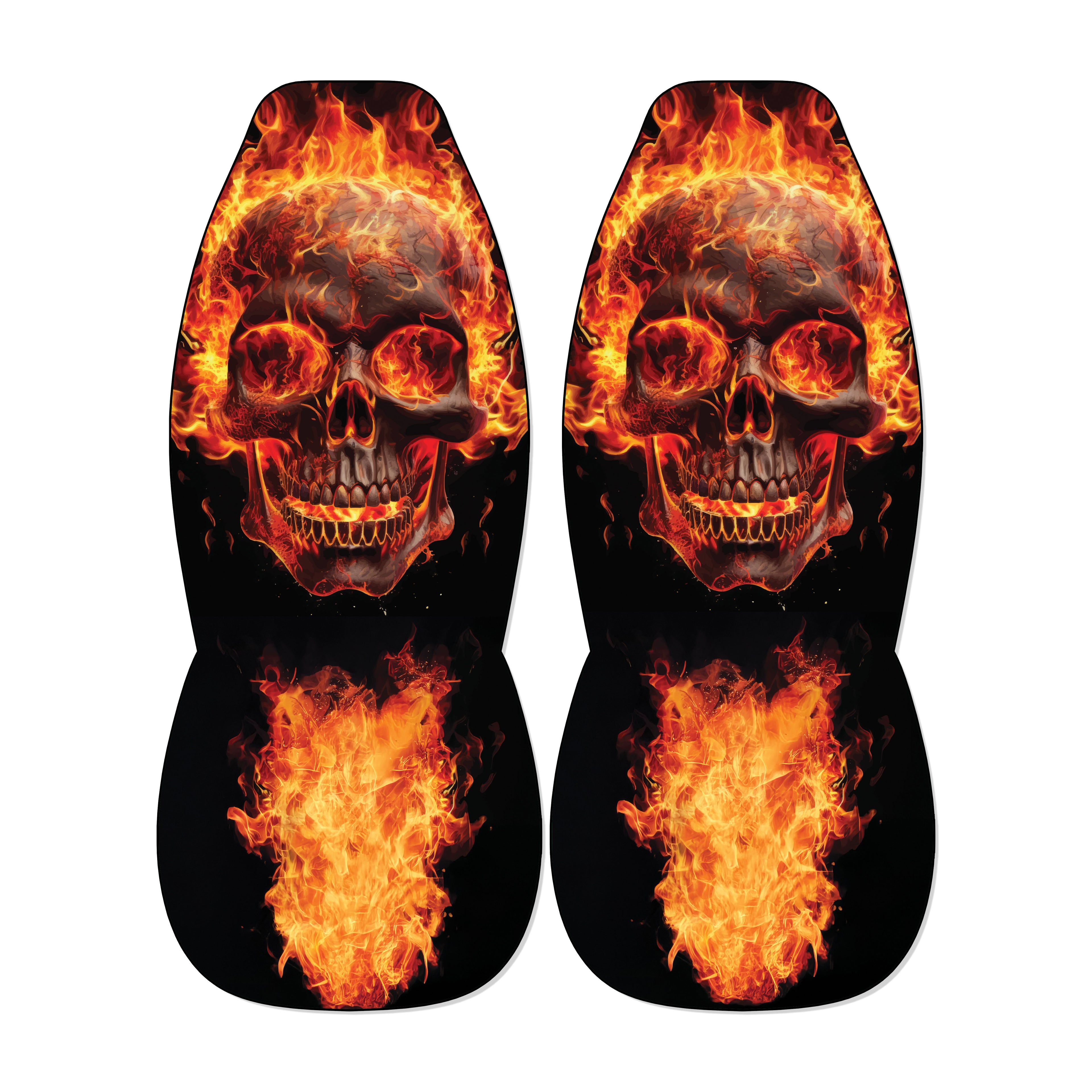 two skull car seat covers with a fiery design.