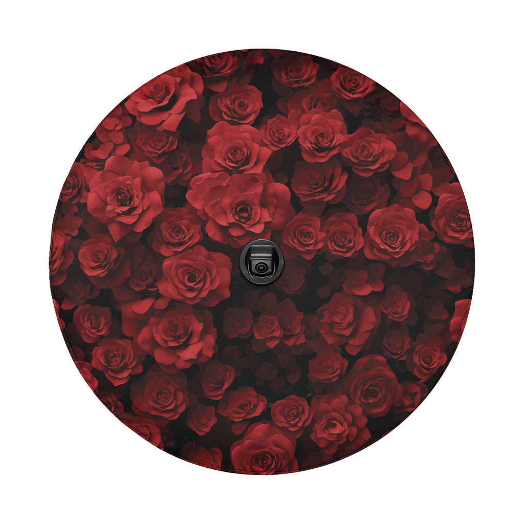 Wheel of Roses spare tire cover main product render with full red rose garden bouquet print