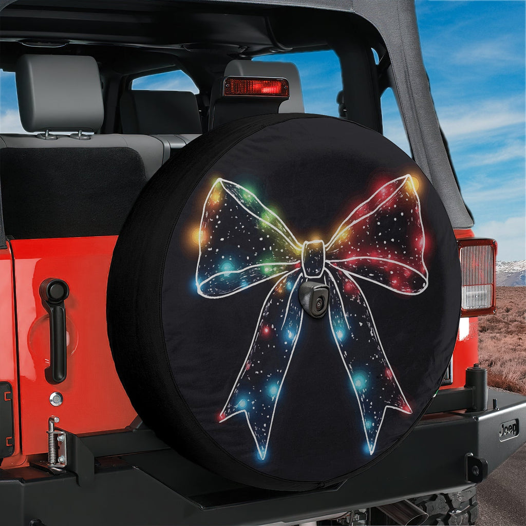 Christmas Lights Bow spare tire cover Ford Bronco rear mockup desert backdrop with glowing bow design