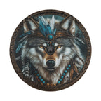 Native American turquoise wolf spare tire cover flat-lay product photo with feather artwork