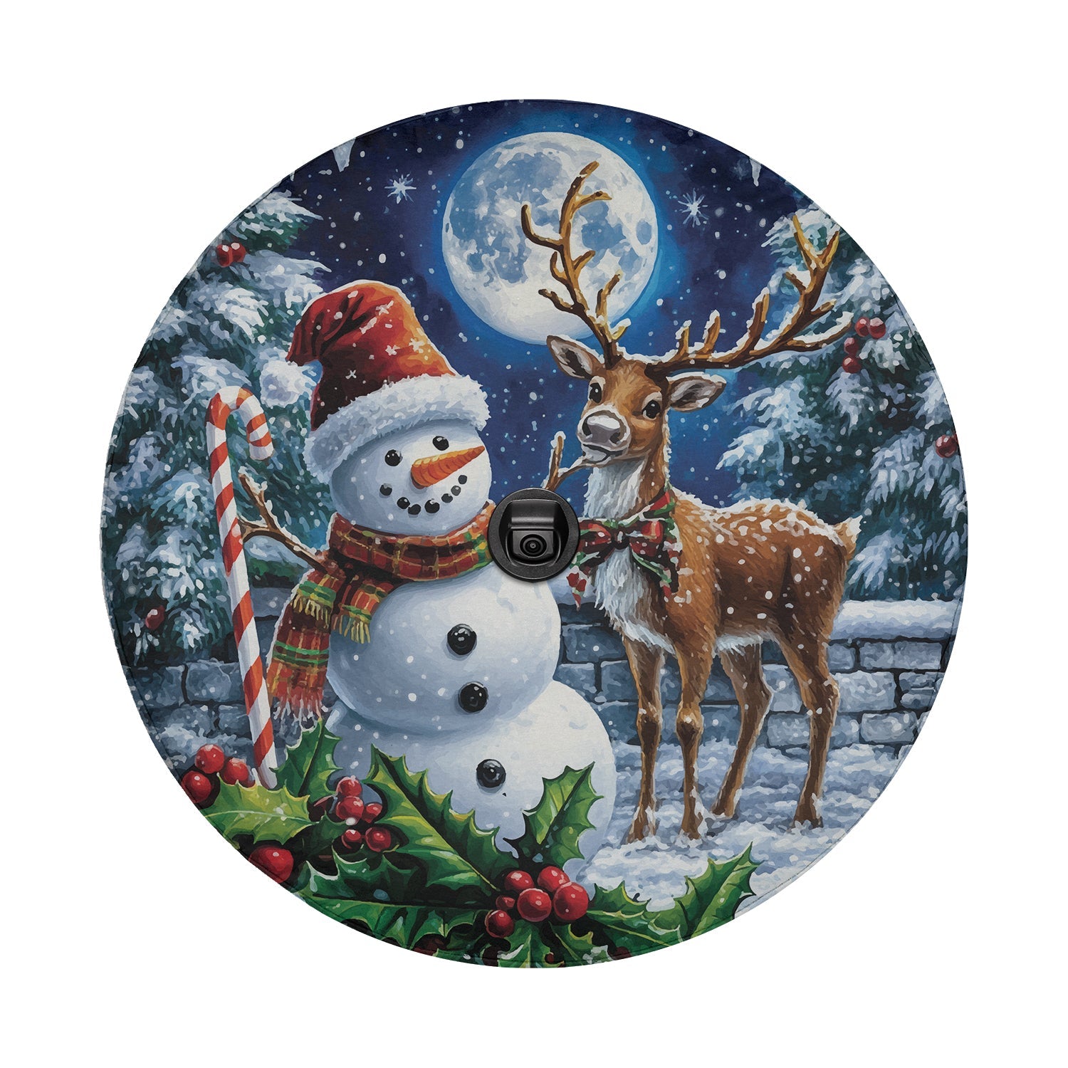 Flat round Christmas spare tire cover featuring a smiling snowman and reindeer in moonlit forest