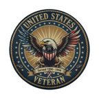 a circular emblem with a bald eagle, a symbol of the United States, and the text "United States Veteran" prominently displayed.