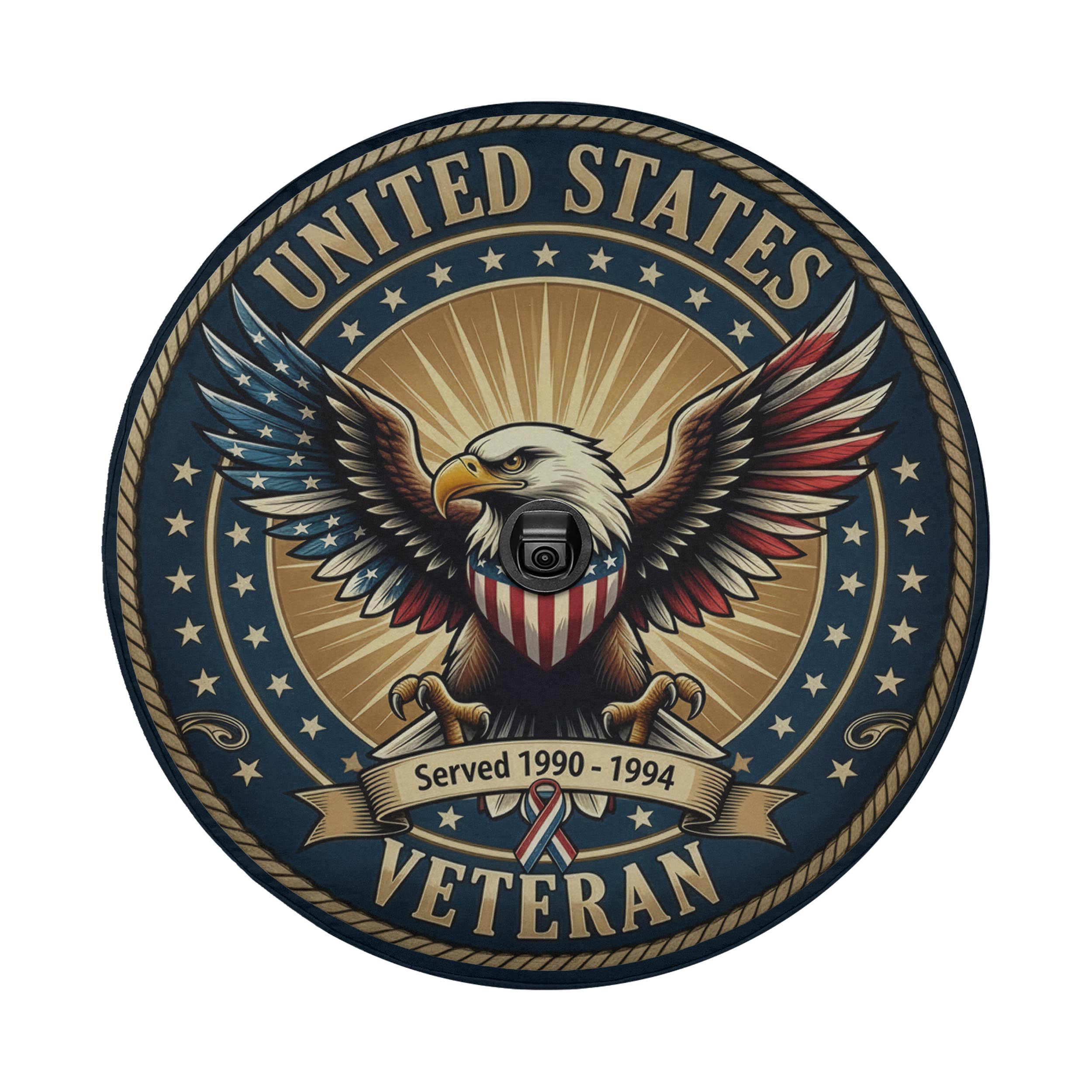 a circular emblem with a bald eagle, a symbol of the United States, and the text "United States Veteran" prominently displayed.