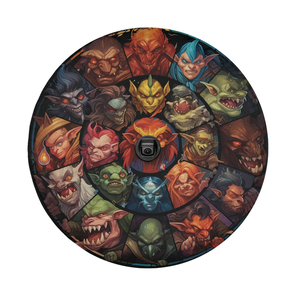 Hero slayers assemble closeup tire cover with orc faces around a steel shield and backup camera cutout