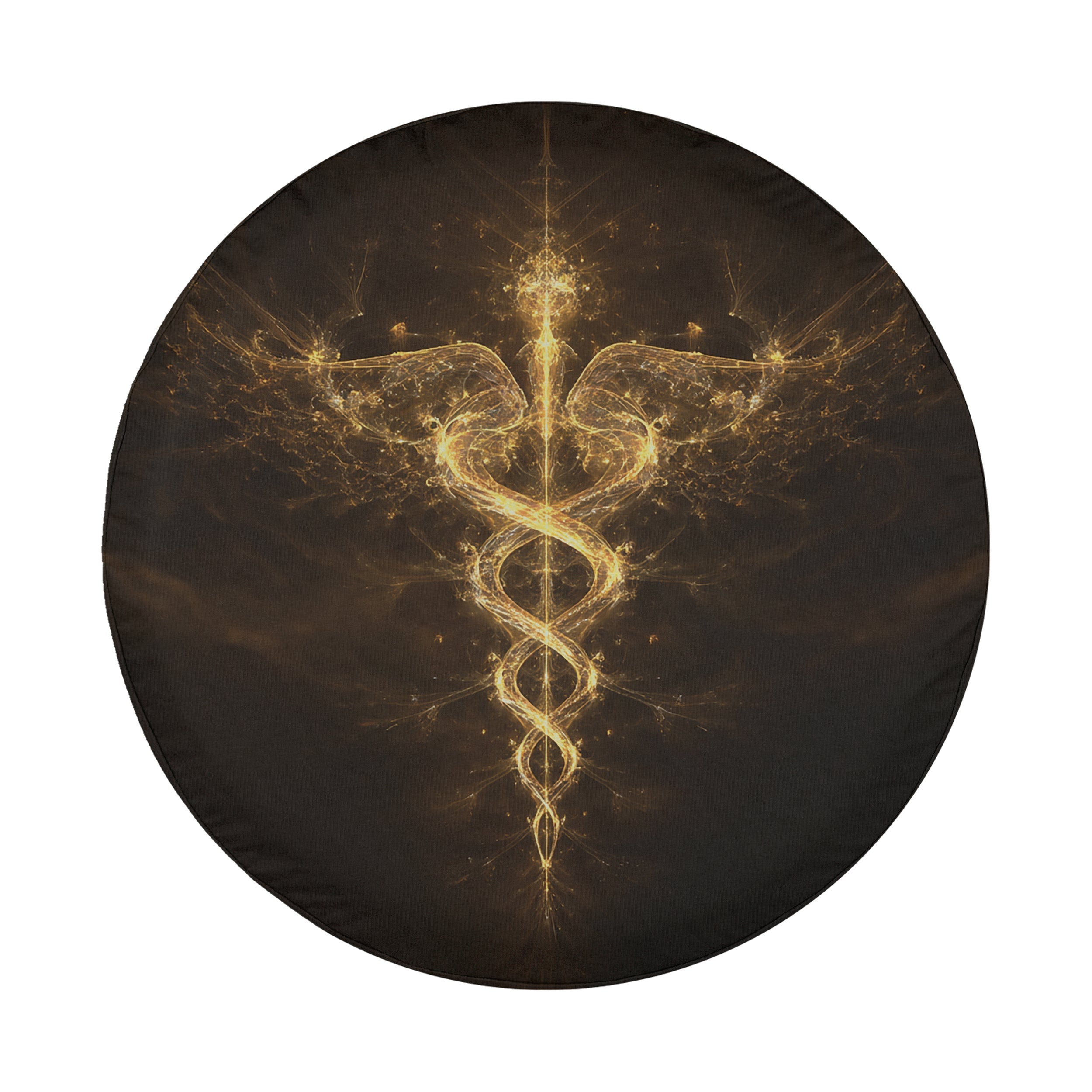 a dark, circular background with a glowing, golden symbol resembling a snake or staff, which appears to be the main focus of the image.