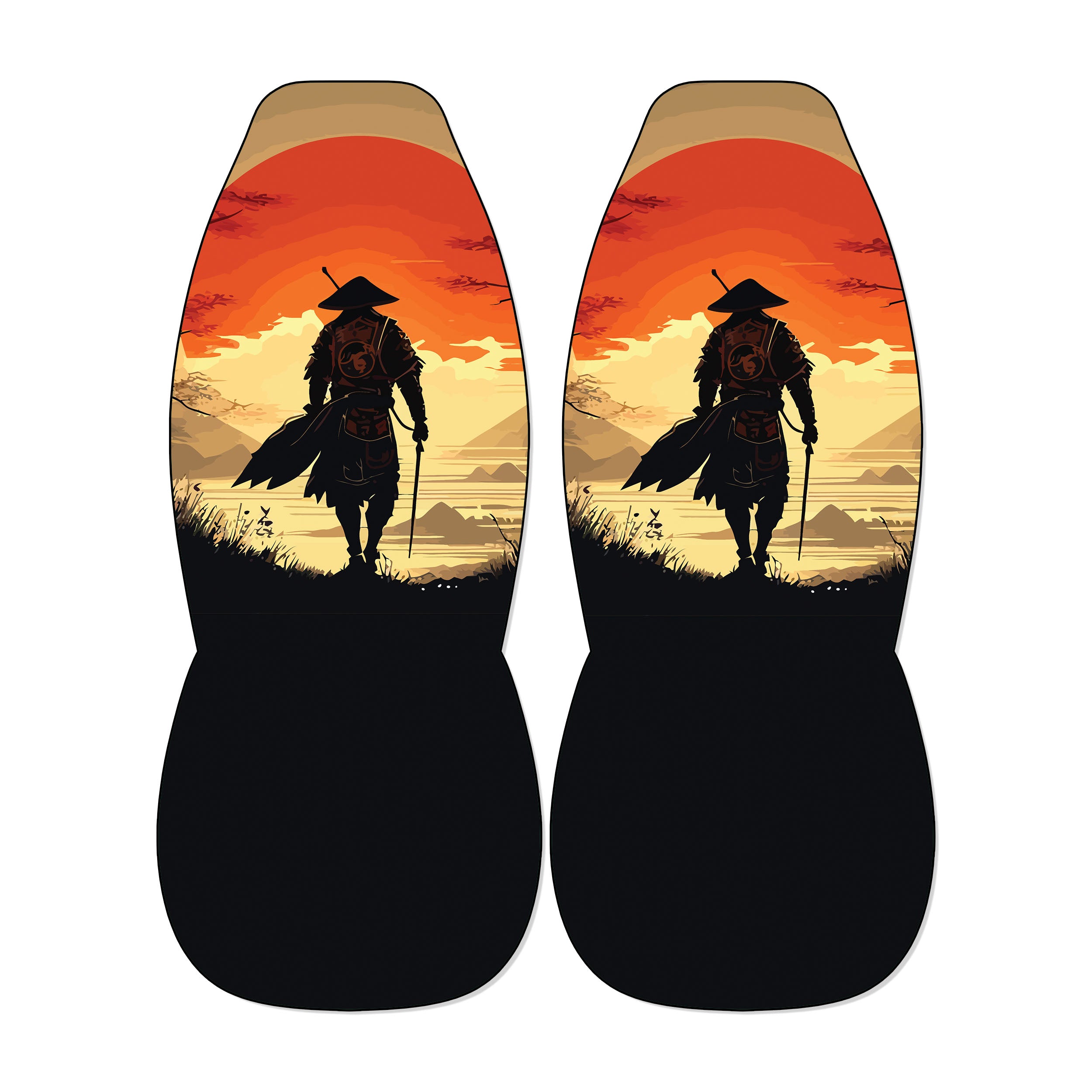 a pair of black seat covers with a design depicting a silhouetted figure of a person walking against a sunset landscape.