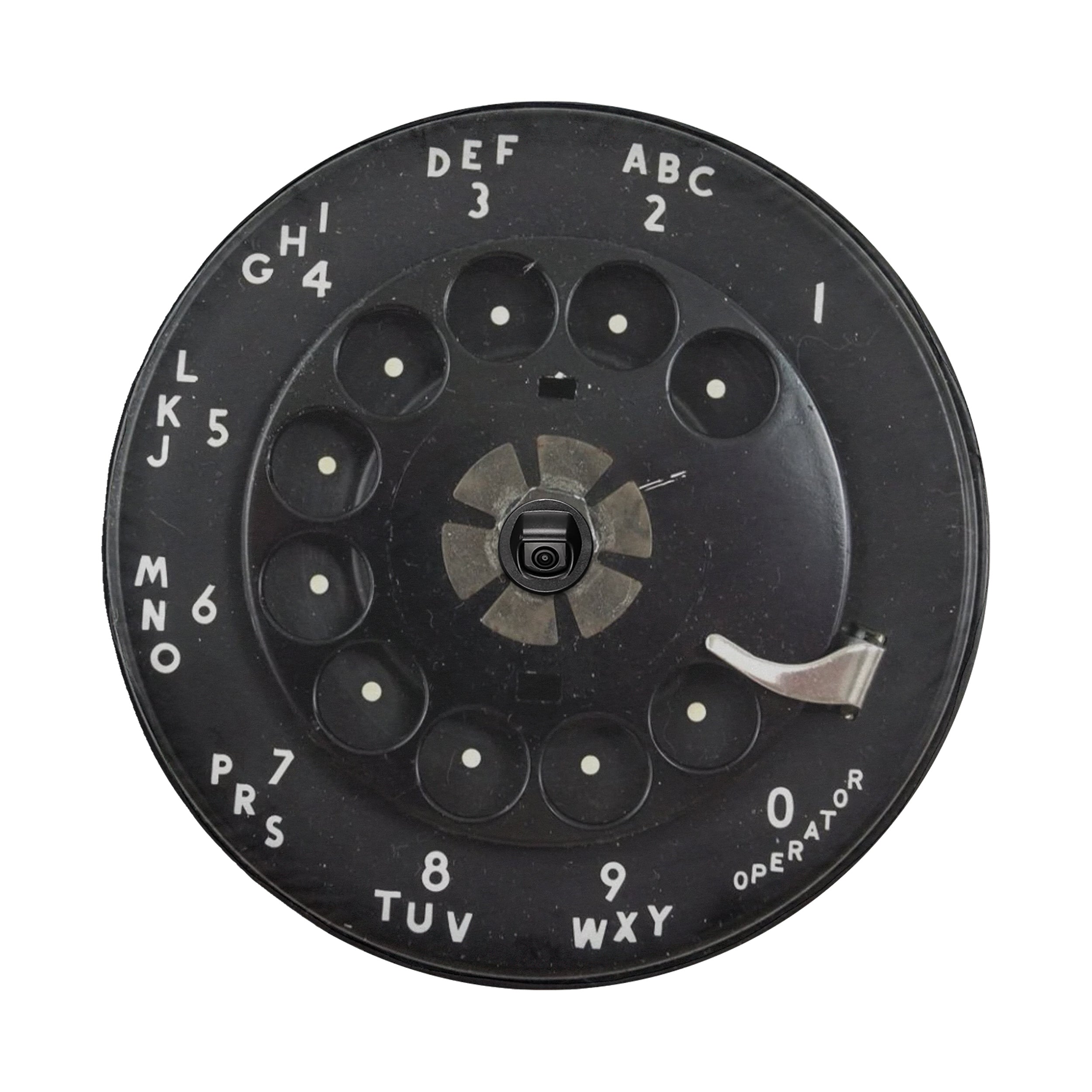 Vintage rotary phone dial spare tire cover front view showing vintage operator dial graphic