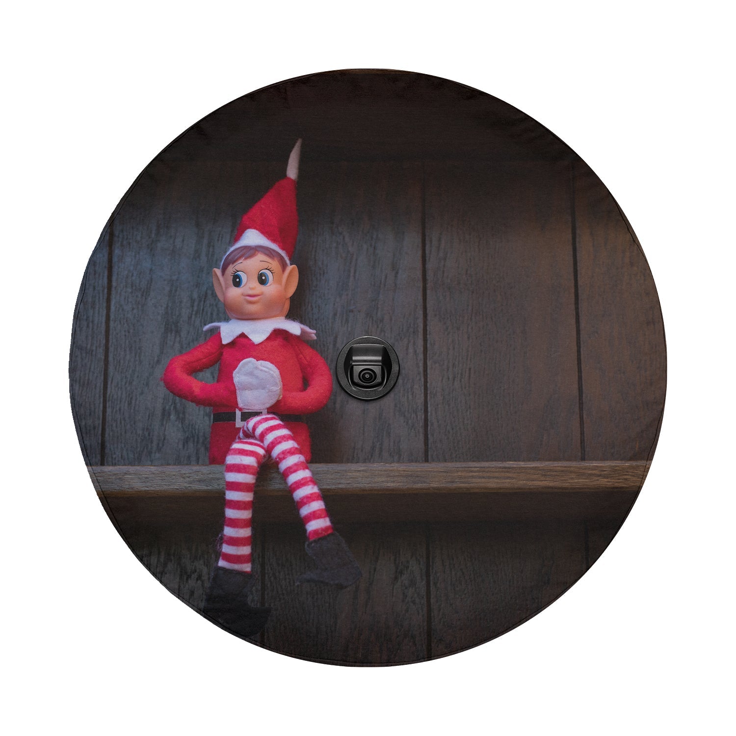 Shelfside Shenanigans spare tire cover flat art with a smiling elf seated on a snowy shelf for Christmas Jeep style