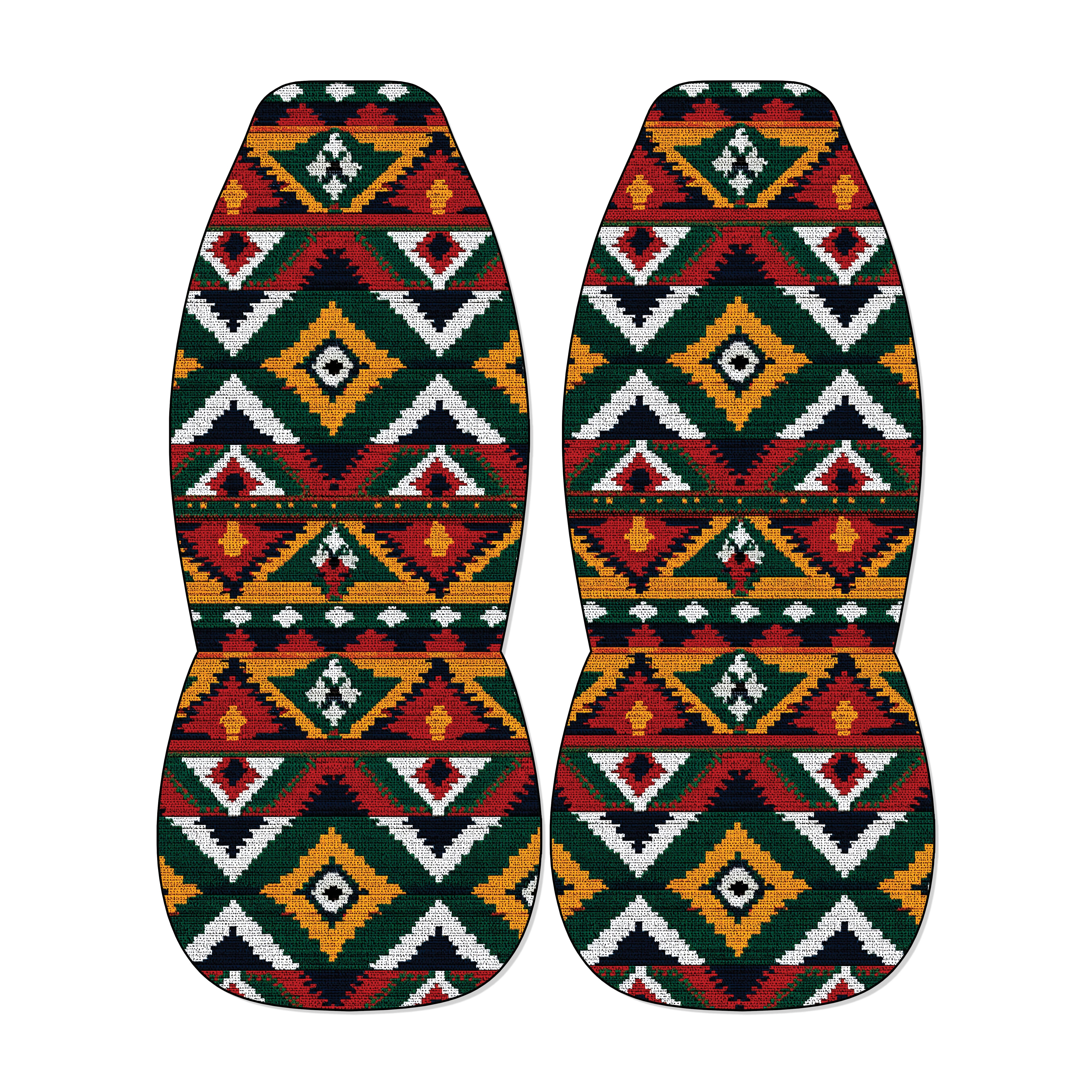 two colorful, patterned objects with a geometric design.