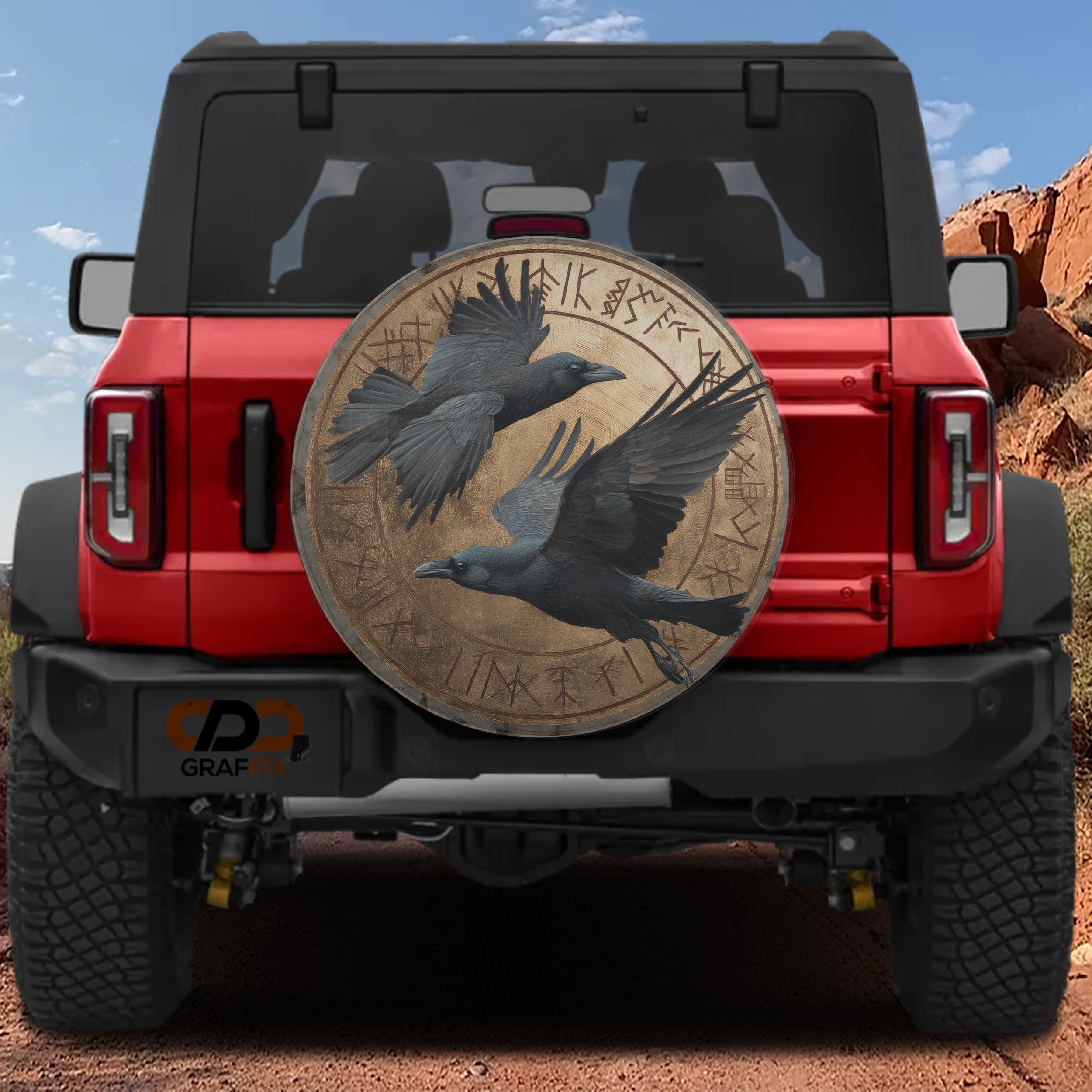 Hugin & Munin Norse Raven design printed spare tire cover with optional backup camera hole by Graffix