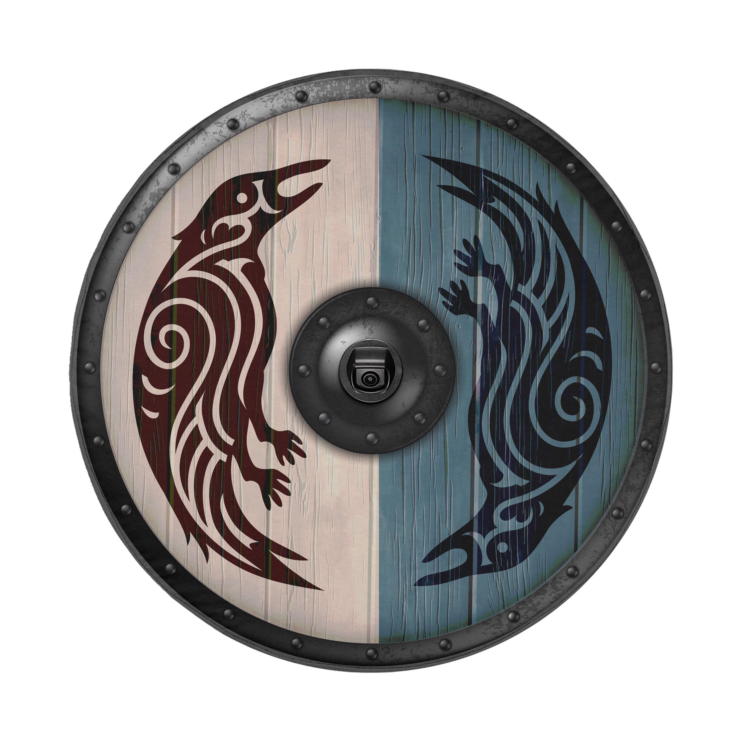 A wooden shield with a black and white design, featuring a bird-like creature on each side.