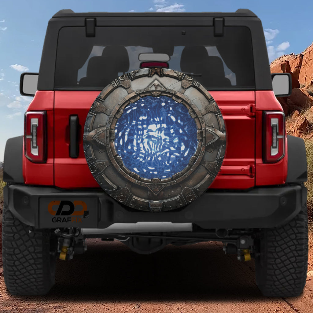 Space Arch Portal spare tire cover with stone Stargate ring around glowing blue energy event horizon