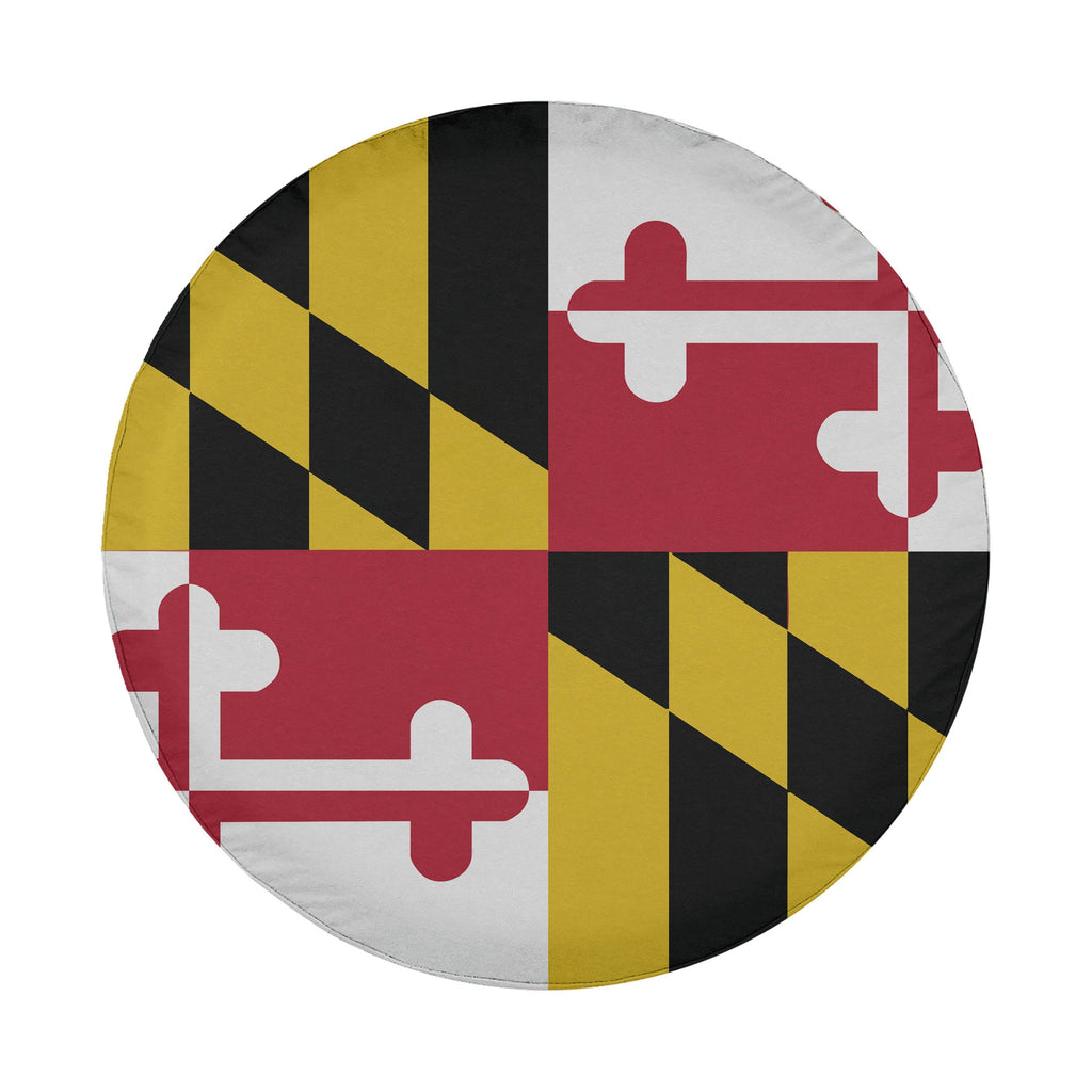 Maryland state flag spare tire cover on red Jeep Wrangler showing Calvert and Crossland heraldic quarters