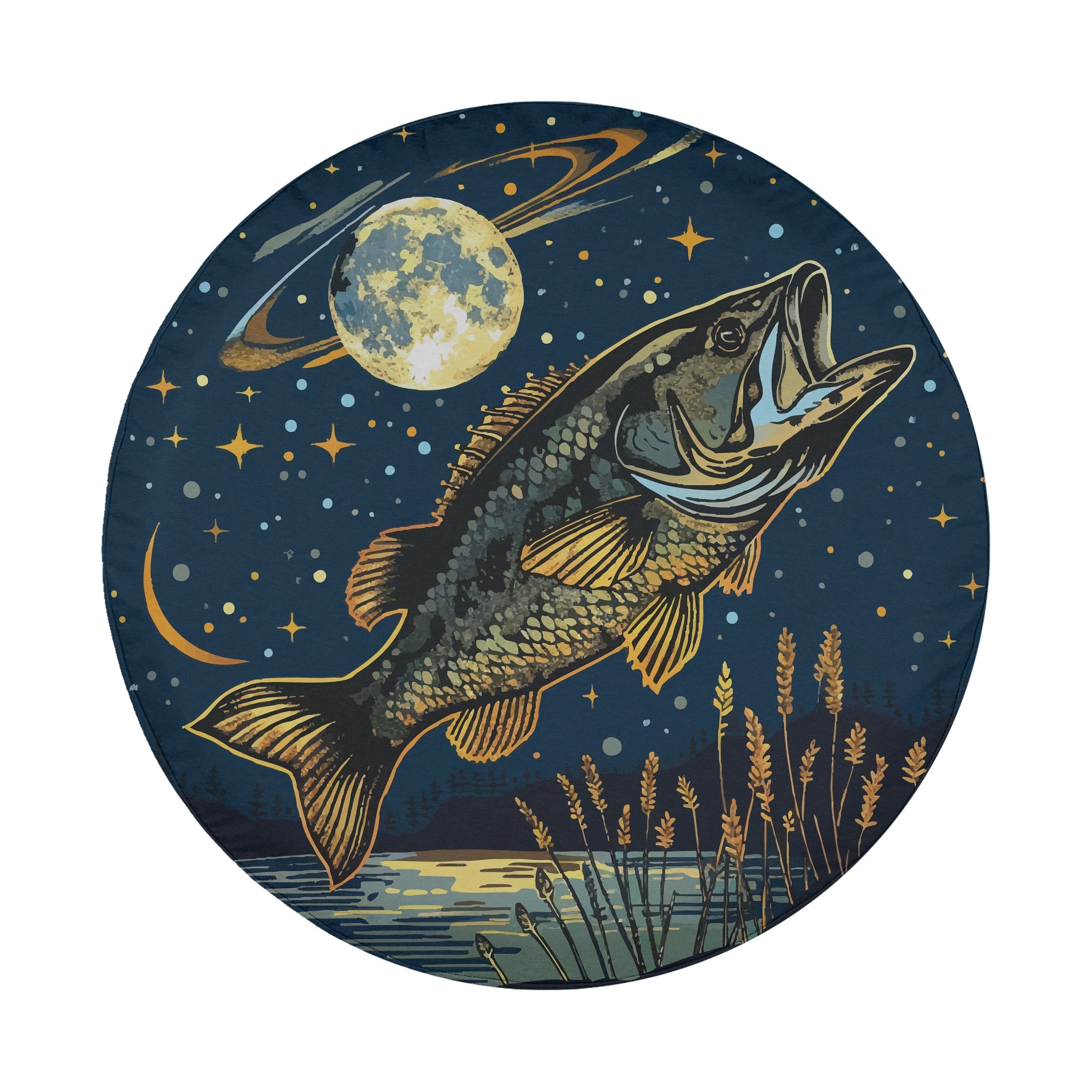 Small Mouth Bass Under the Moonlight spare tire cover circular vintage night fishing scene design