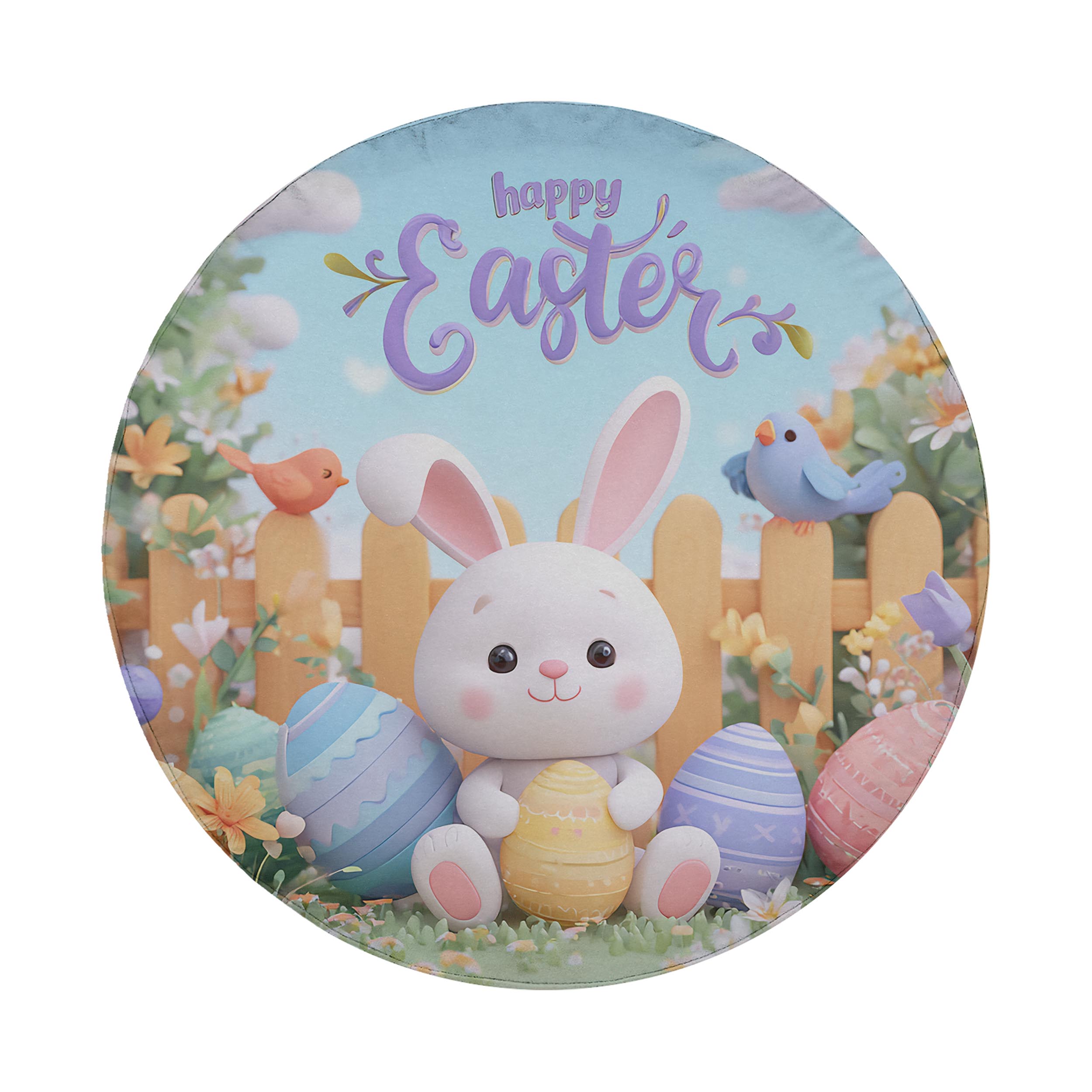 A round Easter-themed image featuring a white bunny sitting on a grassy area surrounded by Easter eggs, flowers, and birds. The bunny is holding an Easter egg in its paws, and the text "Happy Easter" is written above the bunny.