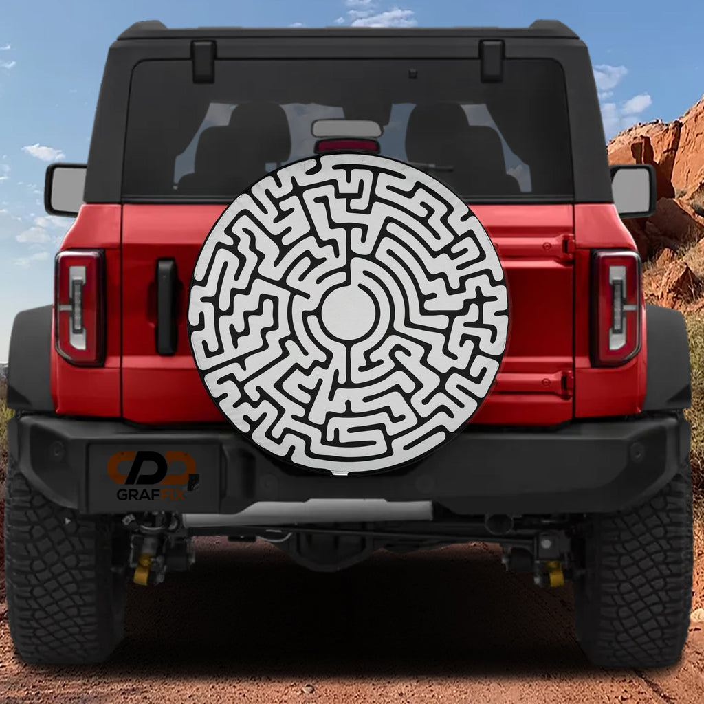 Round Maze design printed spare tire cover with optional backup camera hole by Graffix